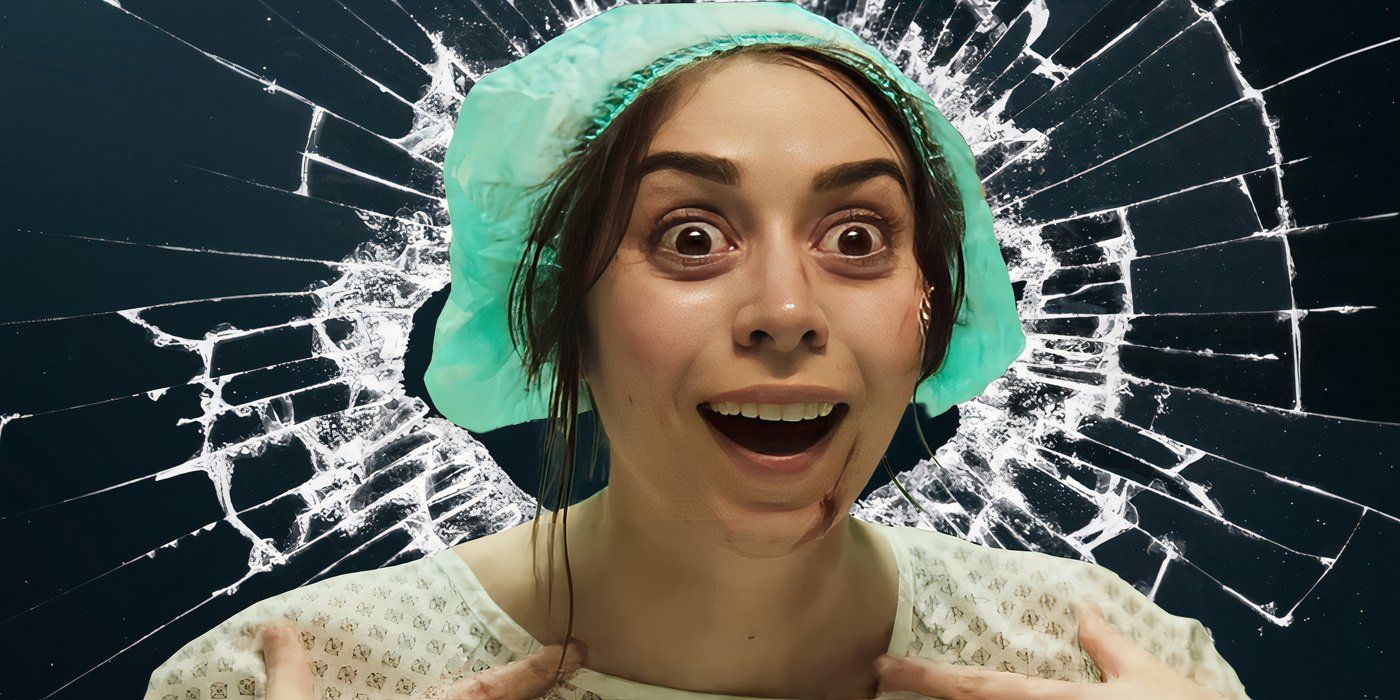 A person in hospital cap and gown has wide eyes in front of shattered glass in a custom image for Black Mirror.