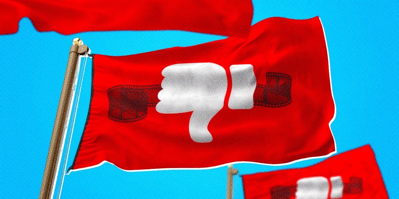 Blended image showing red flags with thumbs down