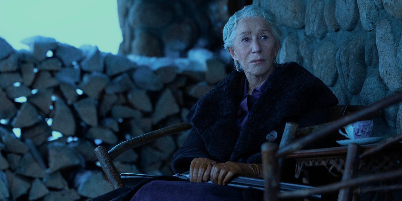 Helen Mirren sitting on the porch