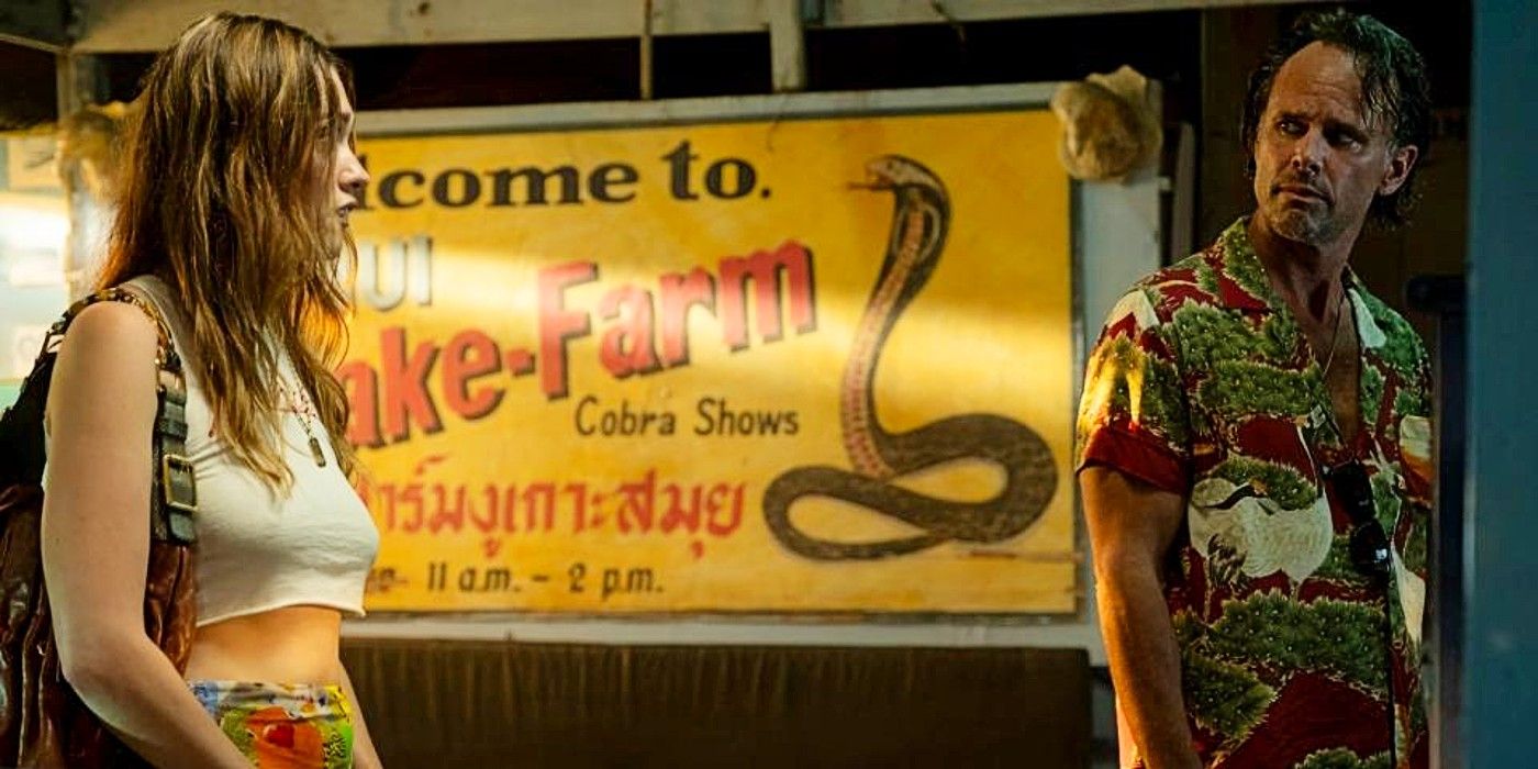 Chelsea and Rick in front of a sign for cobra shows in The White Lotus Season 3 Episode 3.