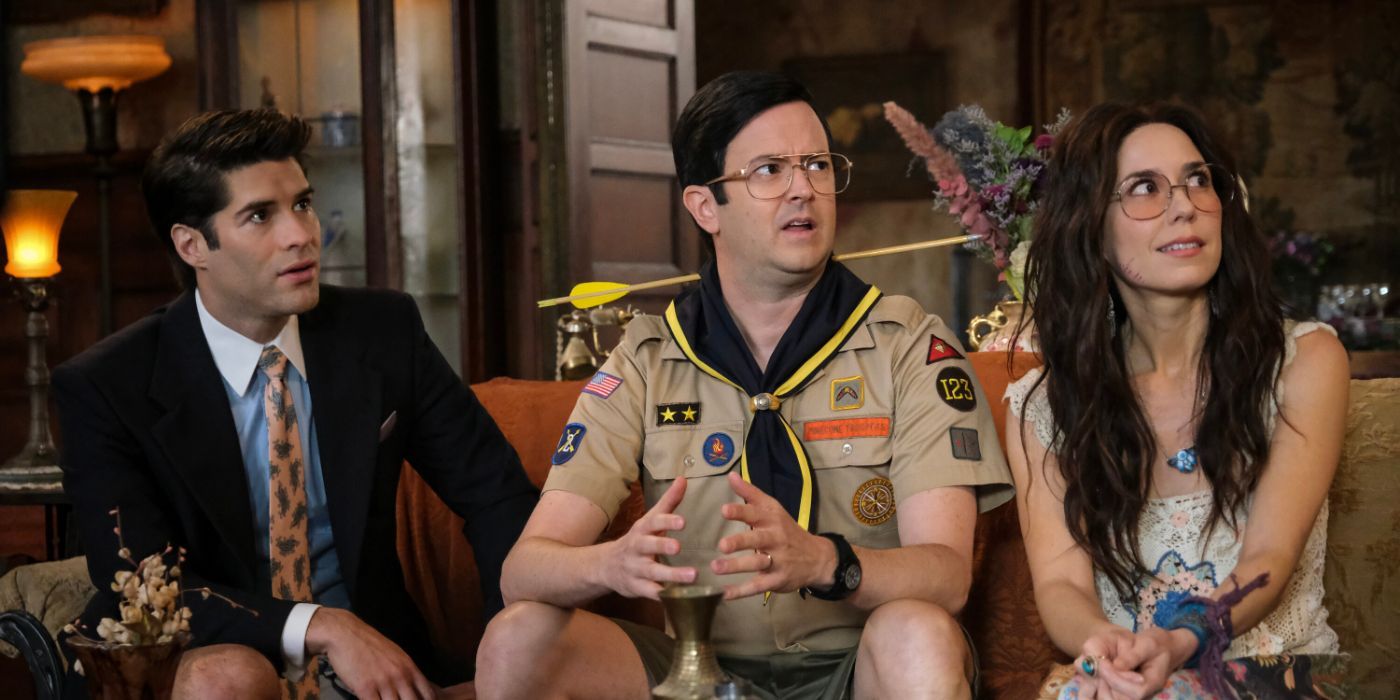 Asher Grodman Richie Moriarty and Sheila Carrasco in Ghosts Season 4