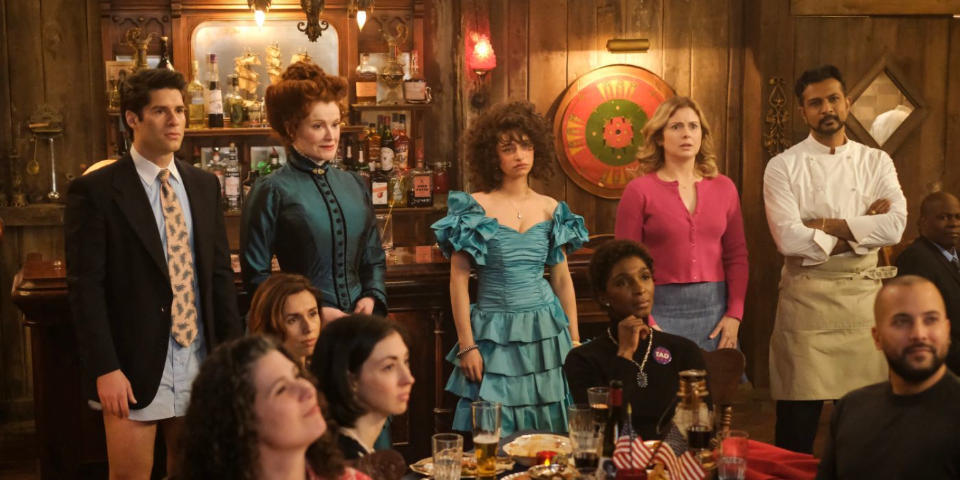 Asher Grodman Rebecca Wisocky Odessa A&rsquo;Zion Rose McIver and Utkarsh Ambudkar in Ghosts Season 4 Episode 20