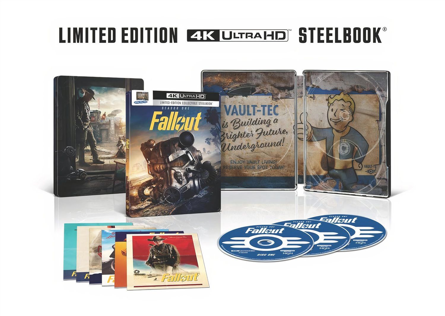 Beauty shot of Fallout Season 1 packaging with three discs and character cards displayed