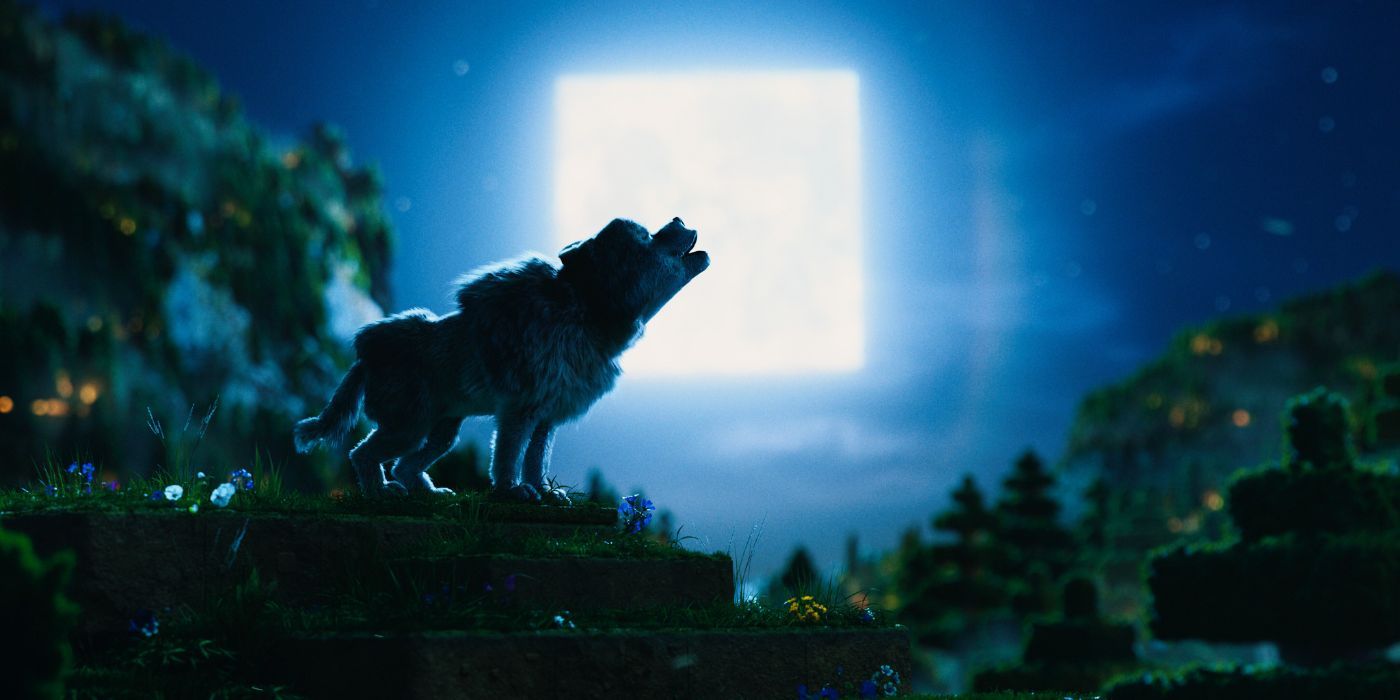 Dennis, the wolf, howling at the moon in A Minecraft Movie.