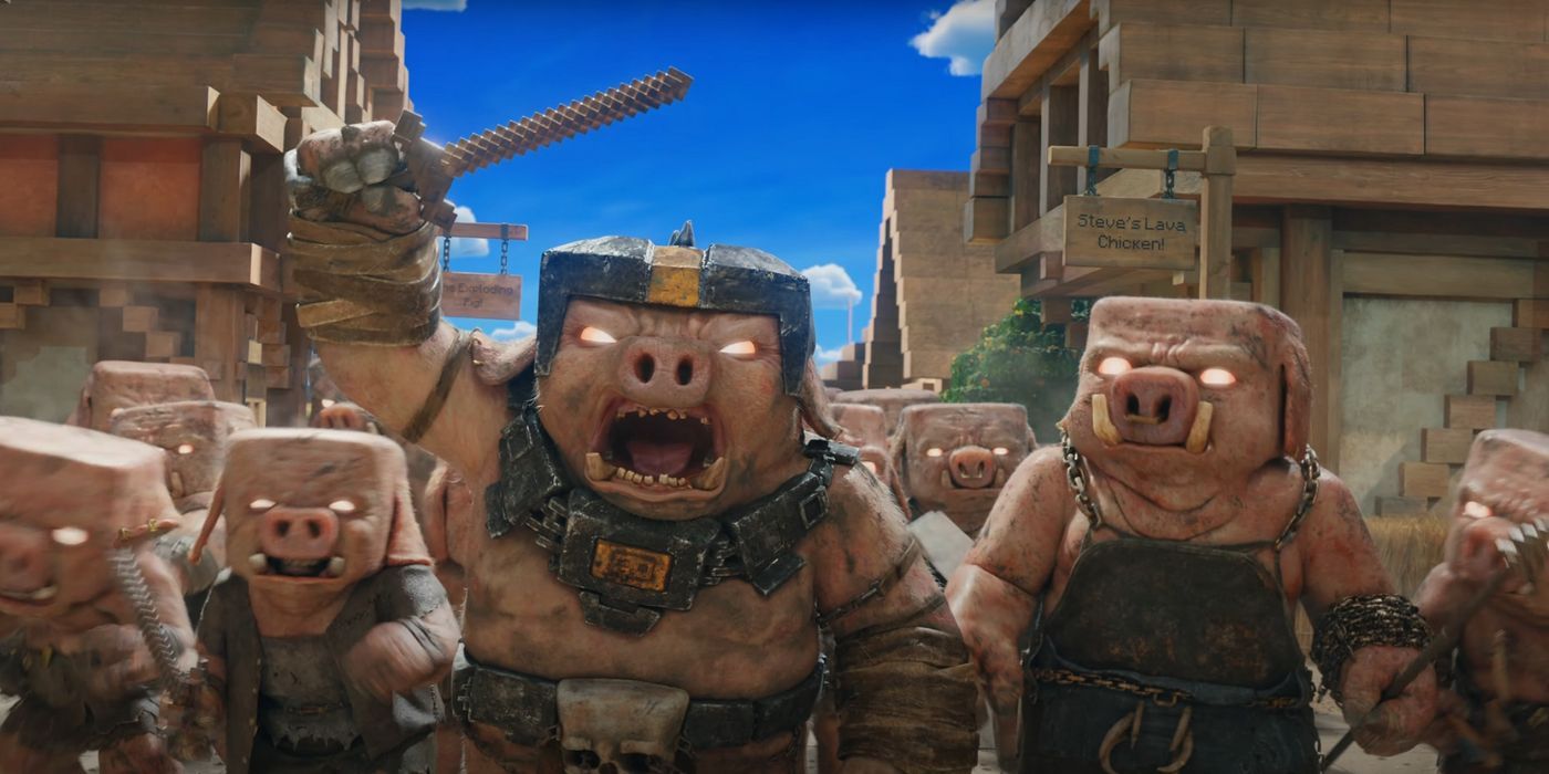 An army of Piglins attacking a village in A Minecraft Movie.