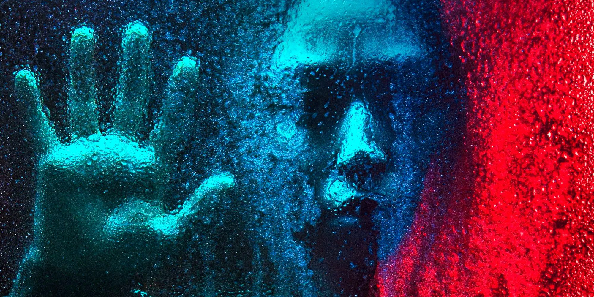The face and hand of a woman, pressed up against rain-streaked glass, with red light glowing on the right side of her, and blue on the left, in Aberrance.