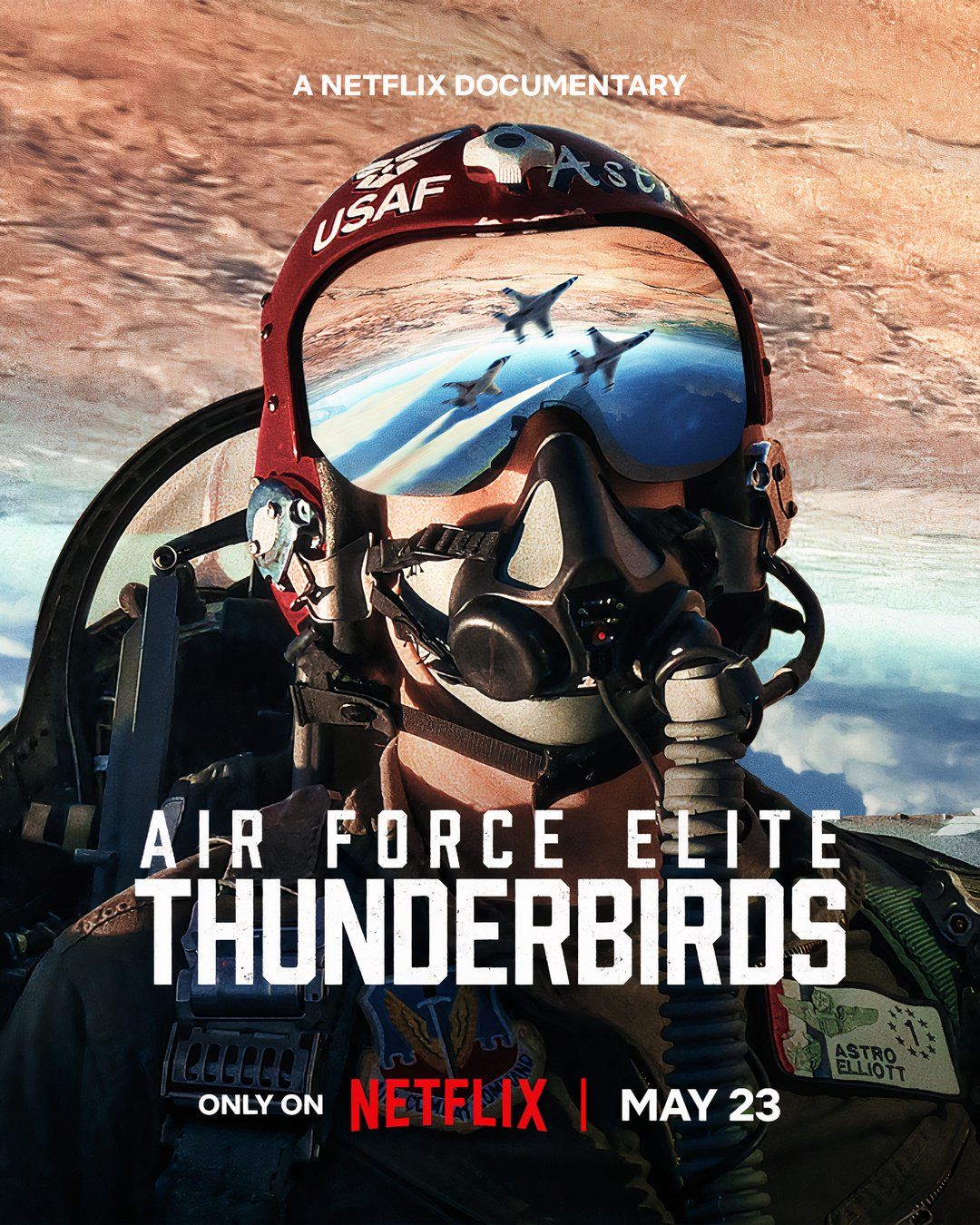 A pilot in full gear in the sky with jets reflected in their visor in Air Force Elite: Thunderbirds poster