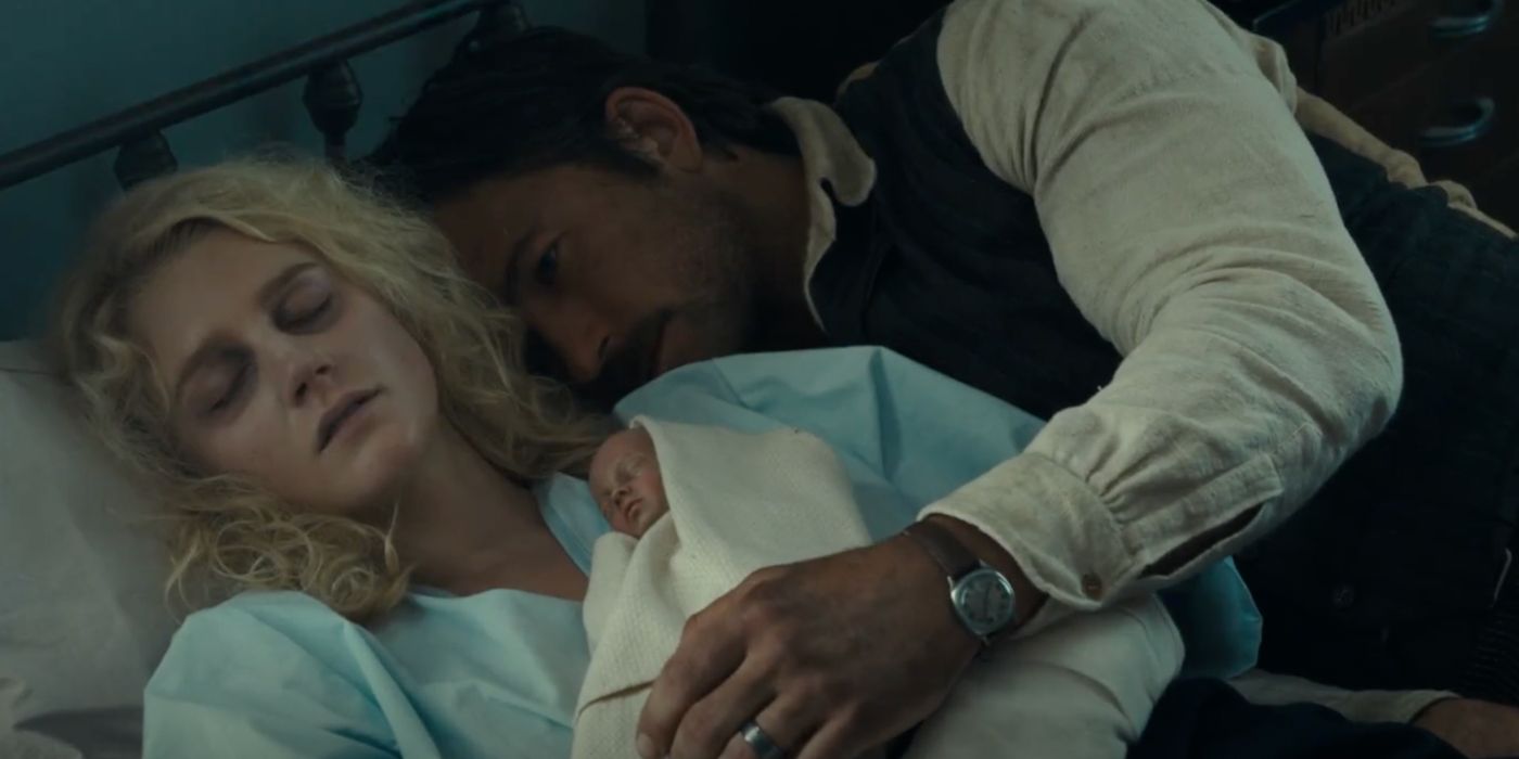 Alex lies in bed with a premie baby and dies as Spencer lies beside with his arm around her in the 1923 finale.