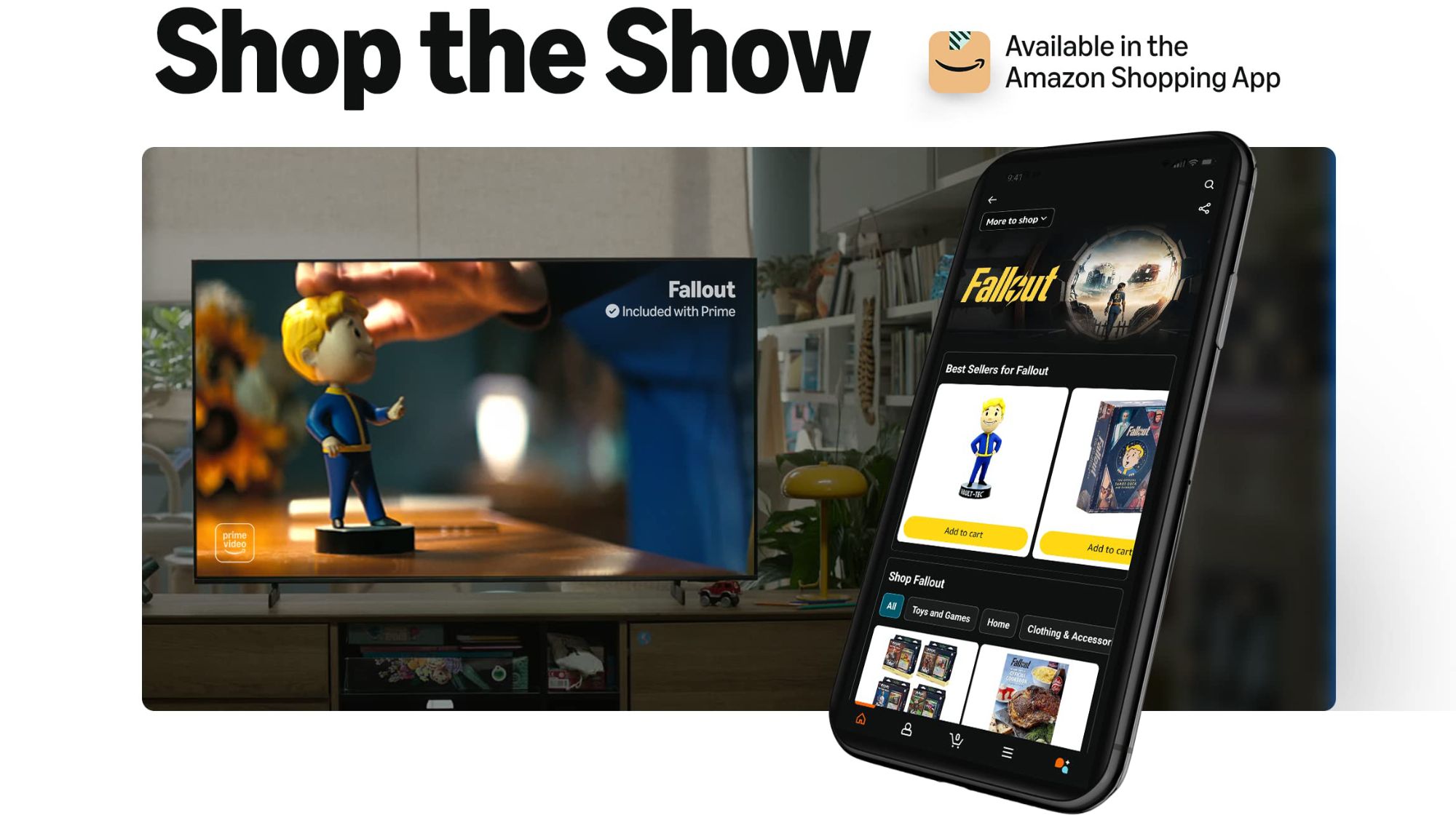 A phone and television promoting Fallout merch through Amazon&rsquo;s Shop the Show