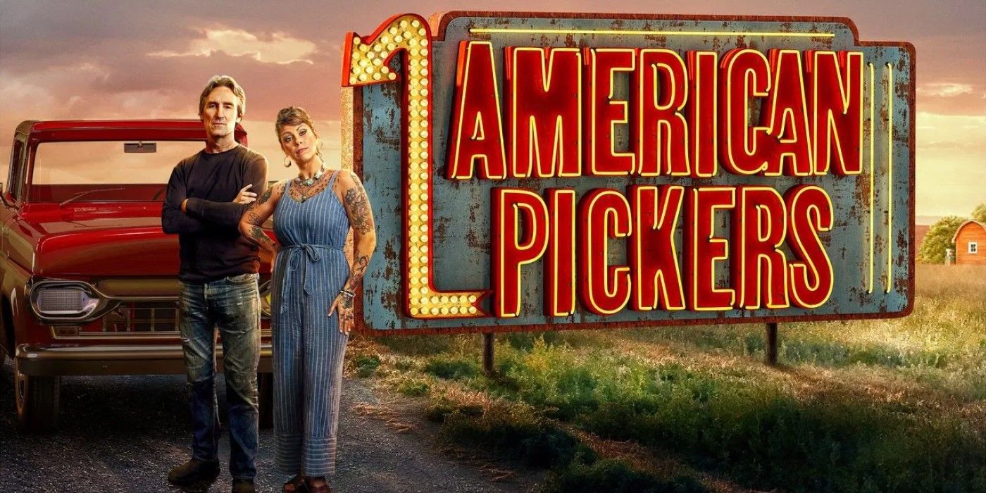 Promo picture for American Pickers with a neon sign pointing to Mike Wolfe and Danielle Colby.