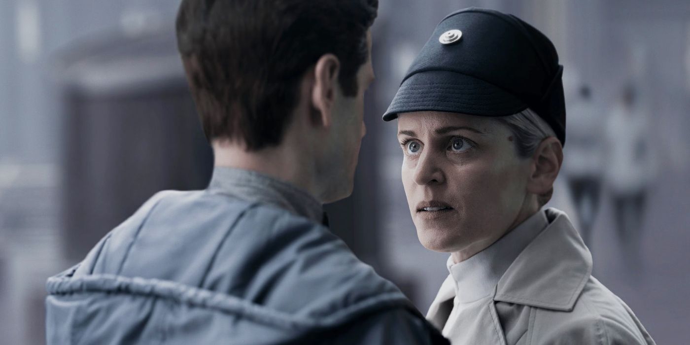 Dedra Meero (Denise Gough) staring at Syril Karn (Kyle Soller) in Andor Season 1