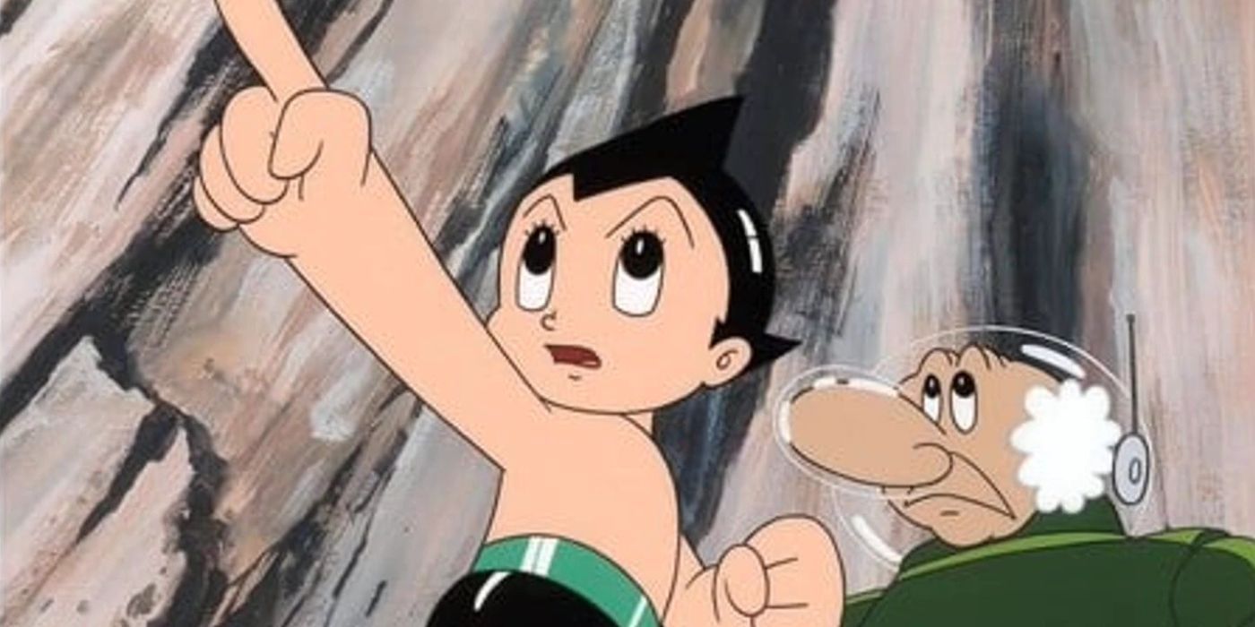 Astro boy pointing forward in the anime movie