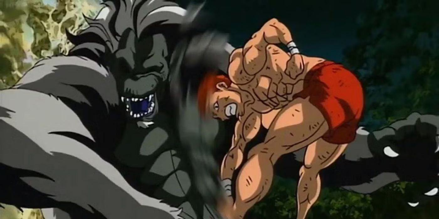 Baki Hanma punching a monkey in Grappler Baki