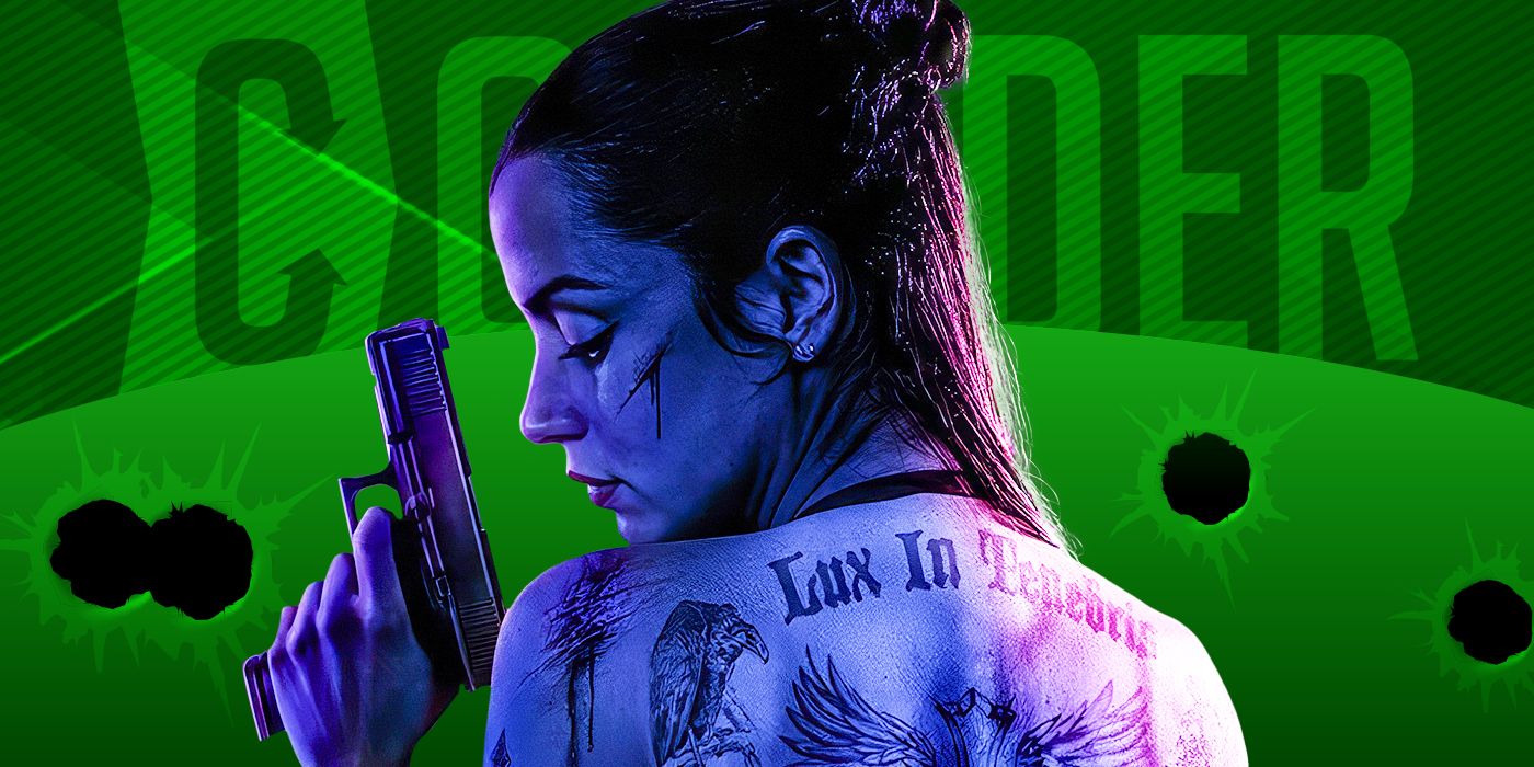 Ana de Armas holding a gun over a green background for Ballerina-Feature