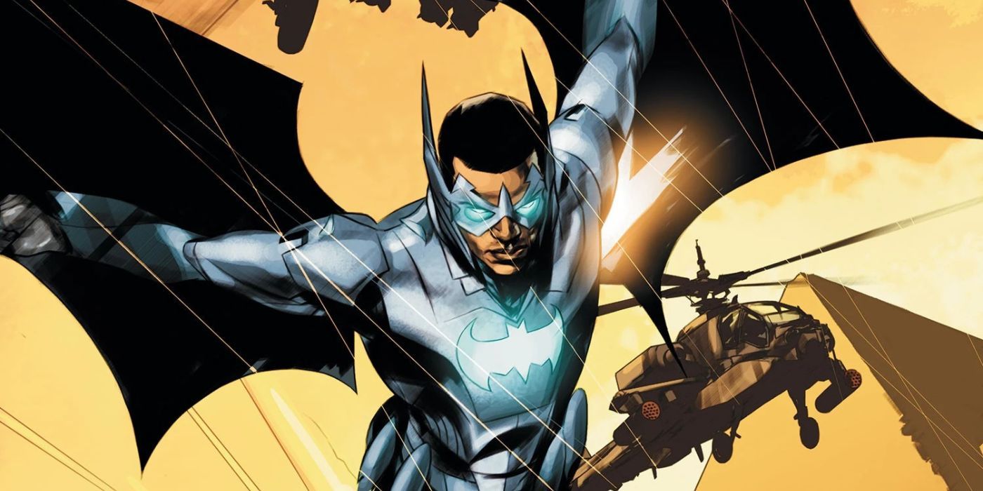 Batwing flying away from a helicopter in DC Comics