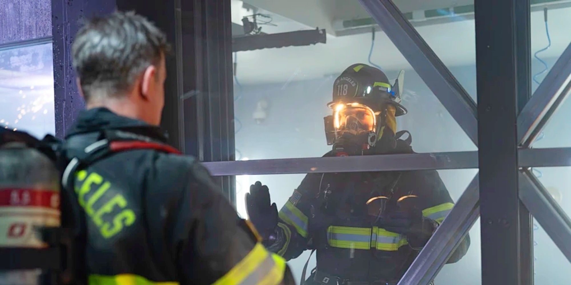 Bobby Nash and Buck saying their goodbyes through a glass wall in 9-1-1 Season 8.