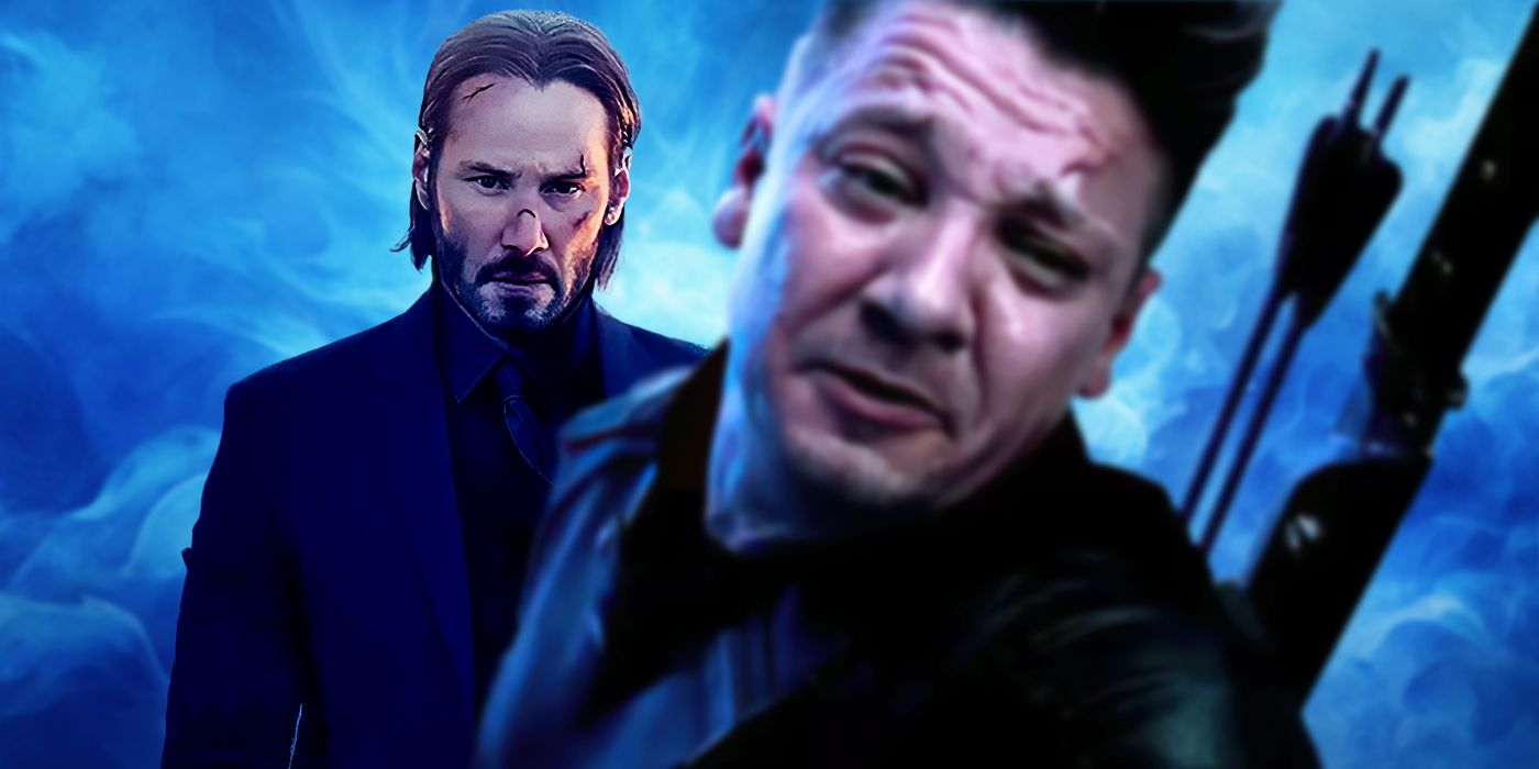 Blended image showing John Wick behind a hurt Hawkeye