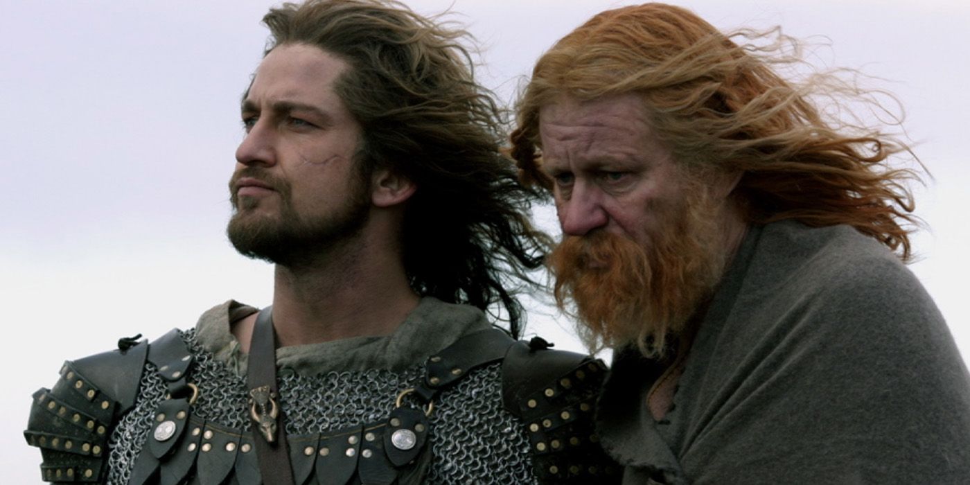 Beowulf (Gerard Butler) stands beside Hrothgar (Stellan Skarsgård) in ‘Beowulf & Grendel’