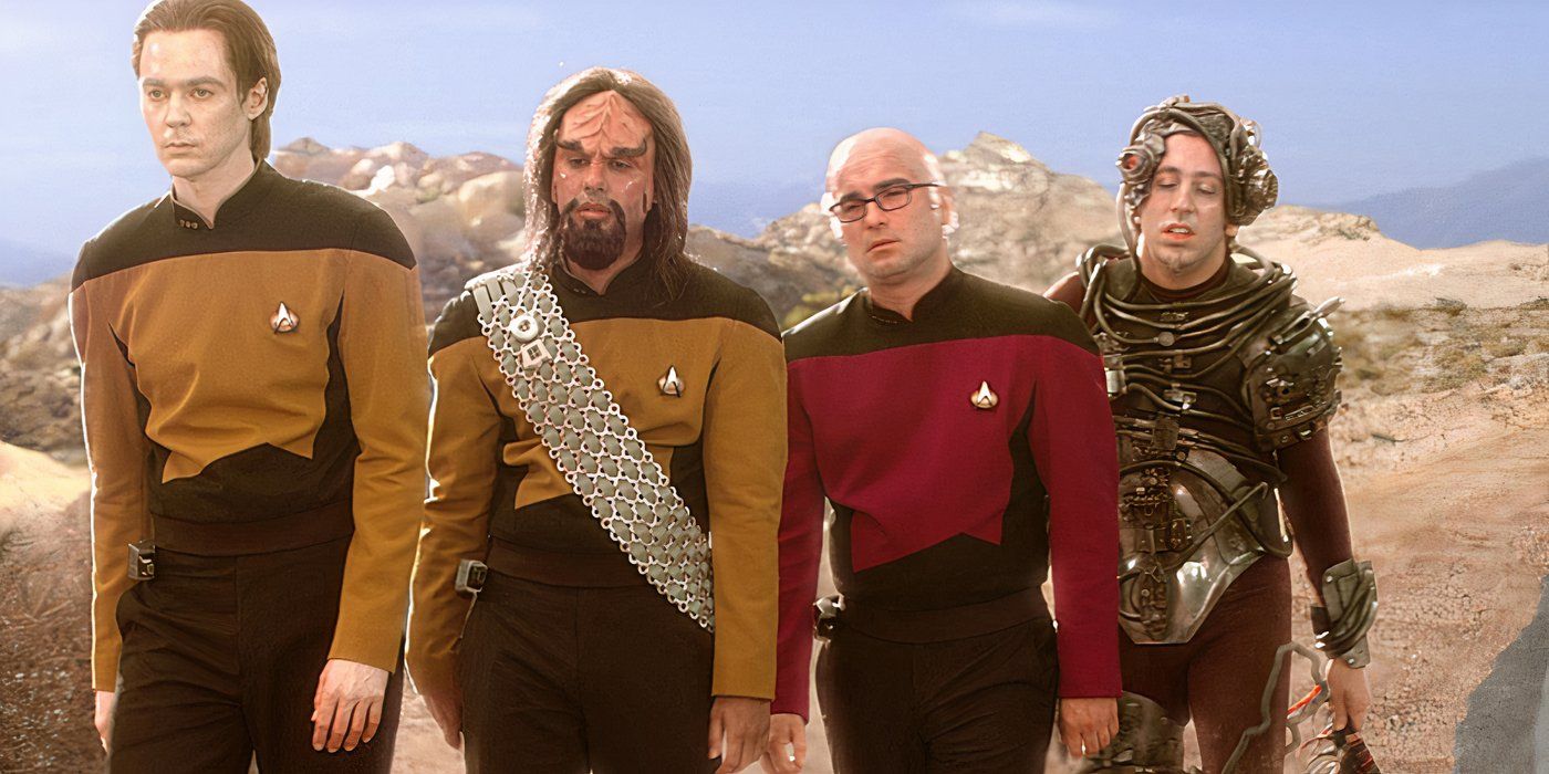 Sheldon, Raj, Leonard, and Howard dressed as Star Trek characters in The Big Bang Theory S6 Episode 13