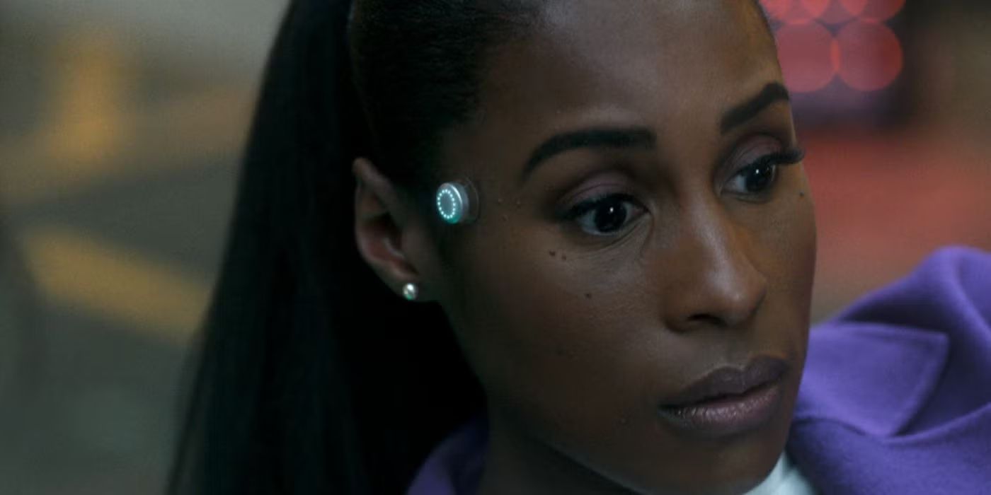 Issa Rae, with an electrode on her temple, has a blank expression in Black Mirror&rsquo;s Hotel Reverie.