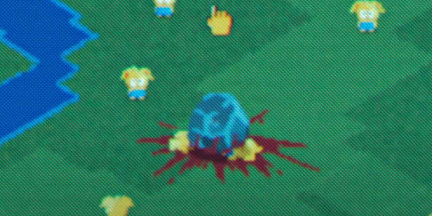 Digital characters called Thronglets in a game with one killed by a giant rock in Black Mirror&rsquo;s Plaything.