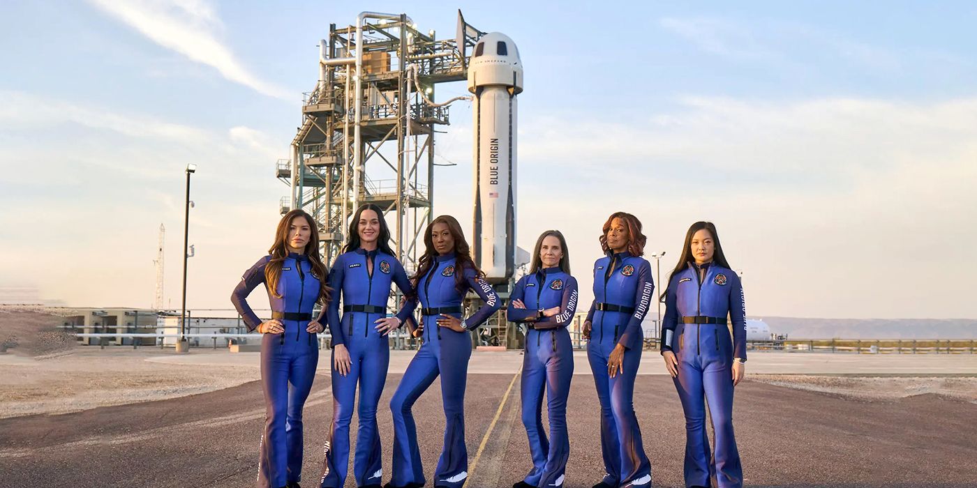 Blue-Origin-All-Female-Crew-Stood-In-Front-Spacecraft