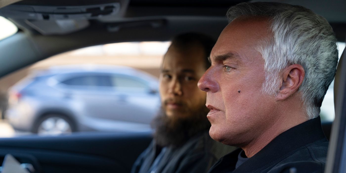 Titus Welliver and Stephen Chang sitting in a car