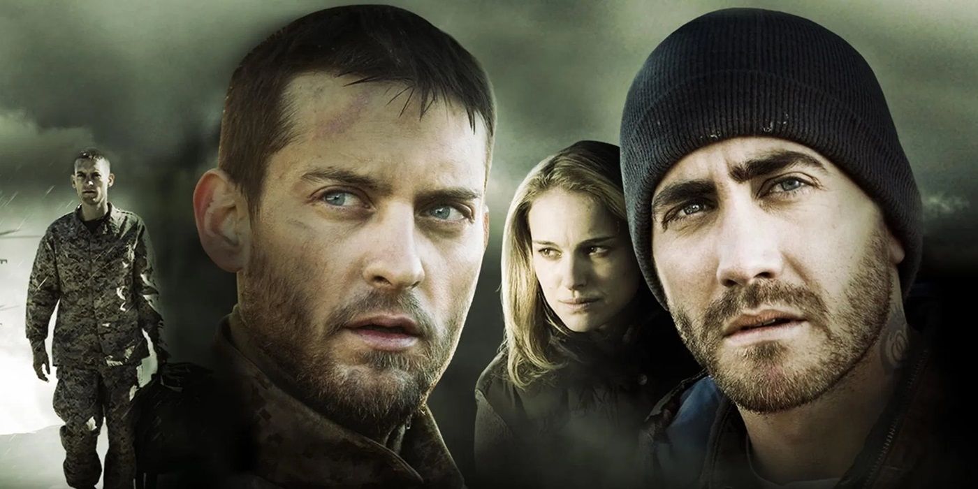 Tobey Maguire, Natalie Portman, and Jake Gyllenhaal on a cropped poster for Brothers
