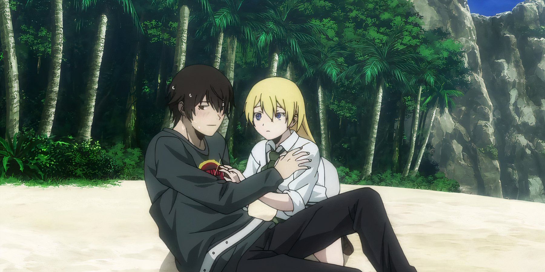 Ryouta Sakamoto blushing while Himiko clings to him in Btooom.