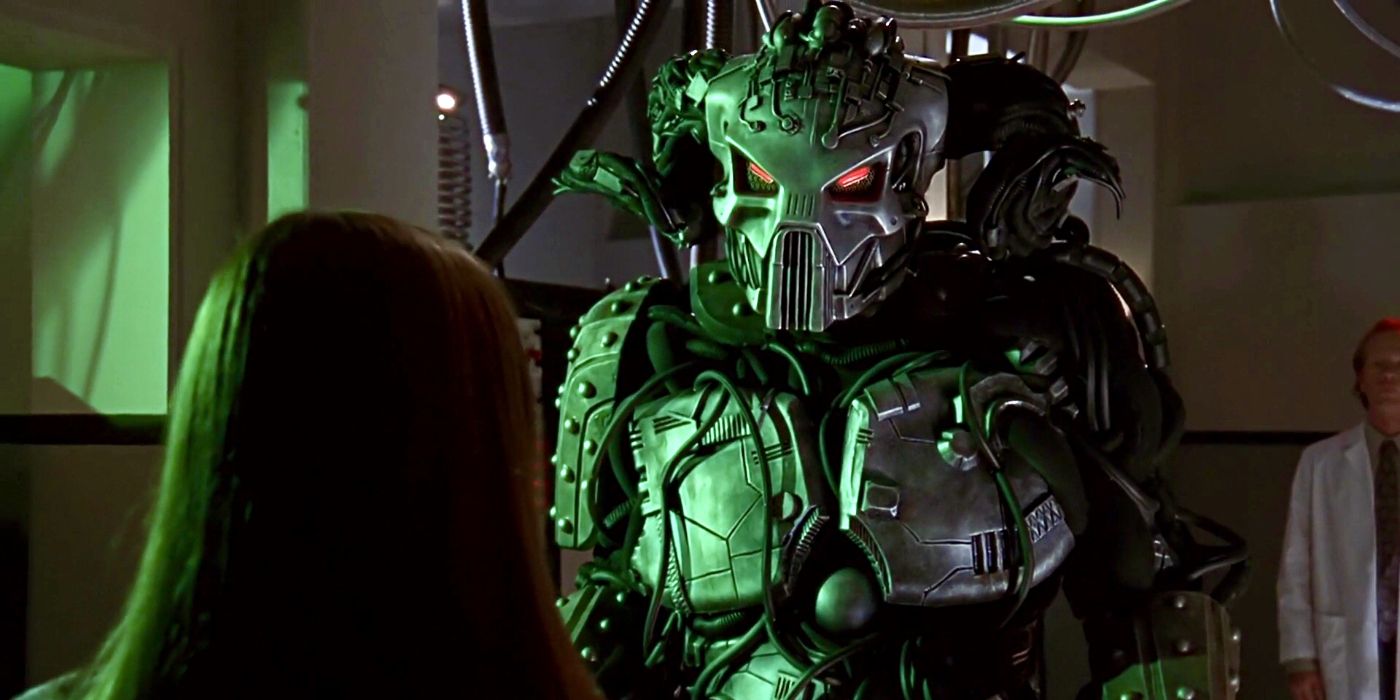Molloch the Corruptor in a robot suit staring down at Willow in Buffy the Vampire Slayer.