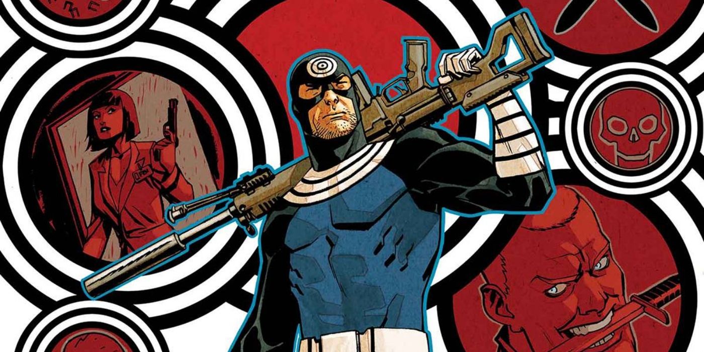 Bullseye holding a sniper over his shoulder on the cover of Bullseye #1 (2017)