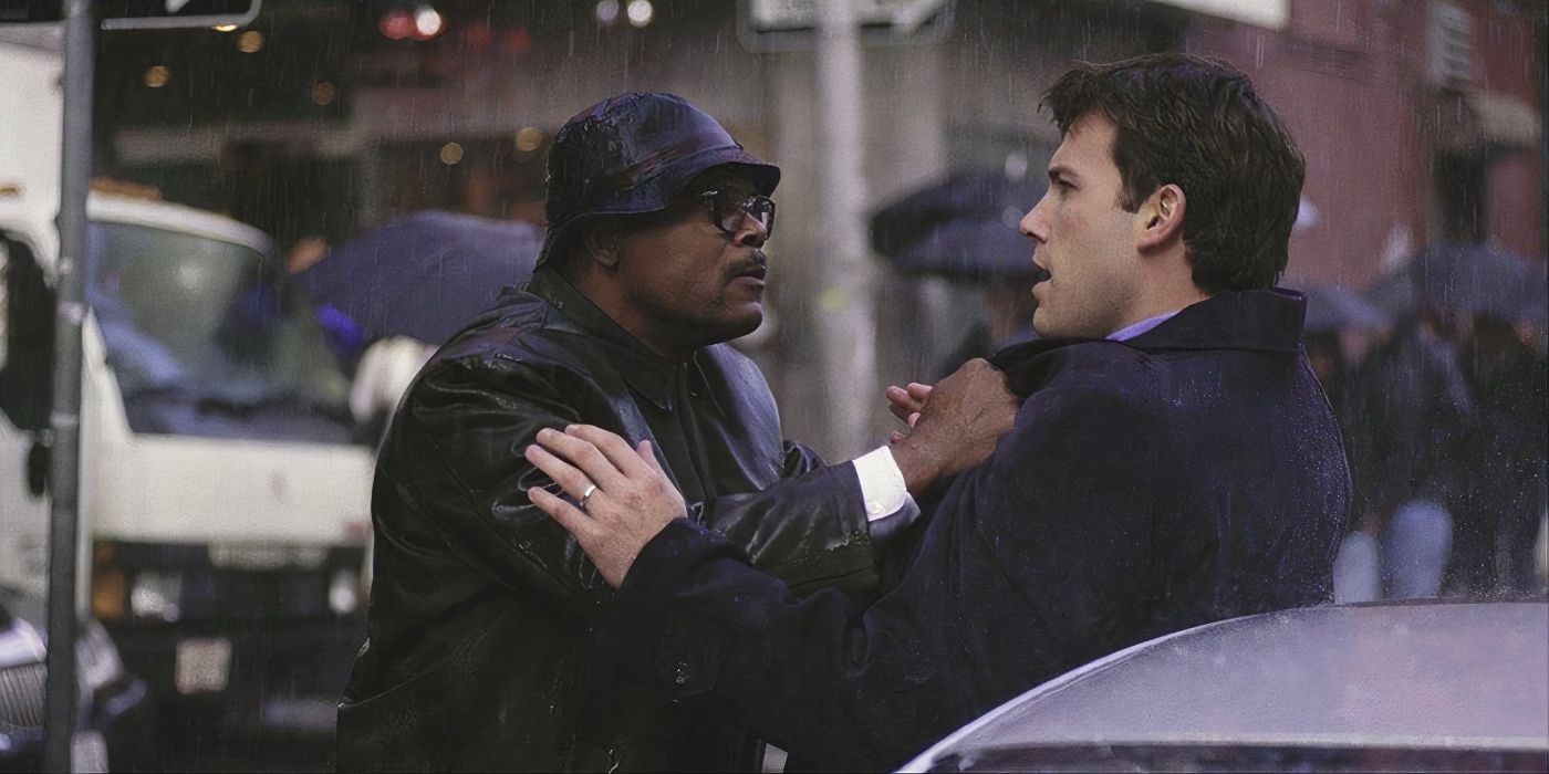 Samuel L Jackson grabbing Ben Afflecks shirt in Changing Lanes