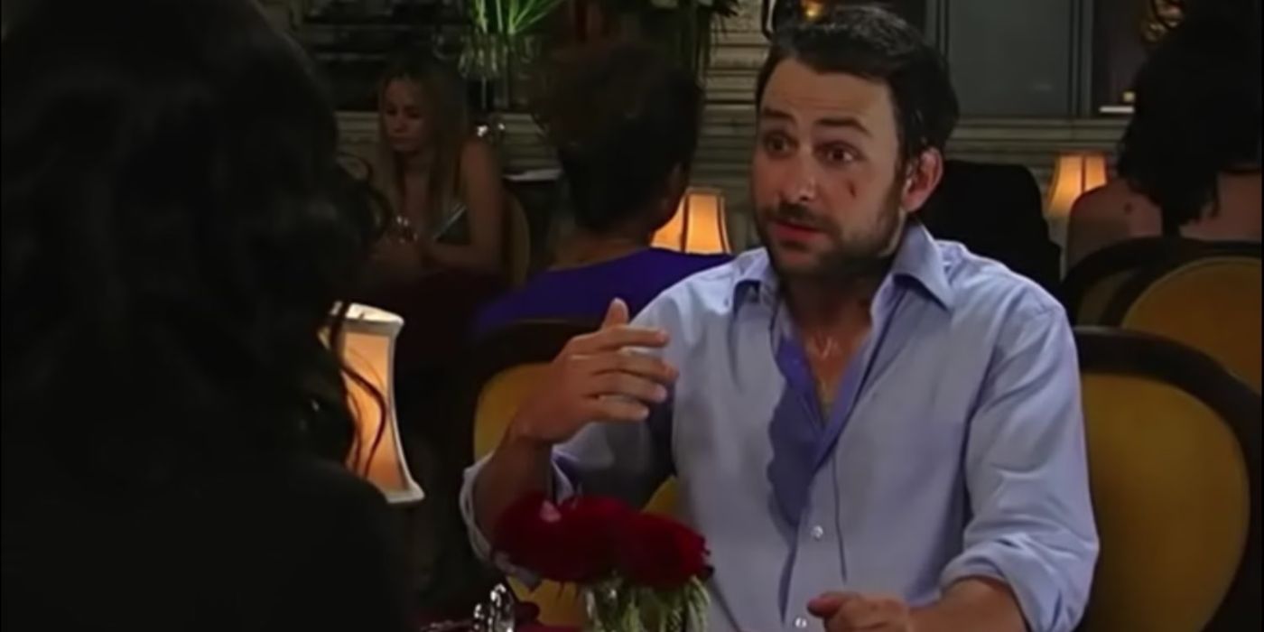 Charlie in a restaurant sweating profusely through his clothing in It&rsquo;s Always Sunny in Philadelphia.