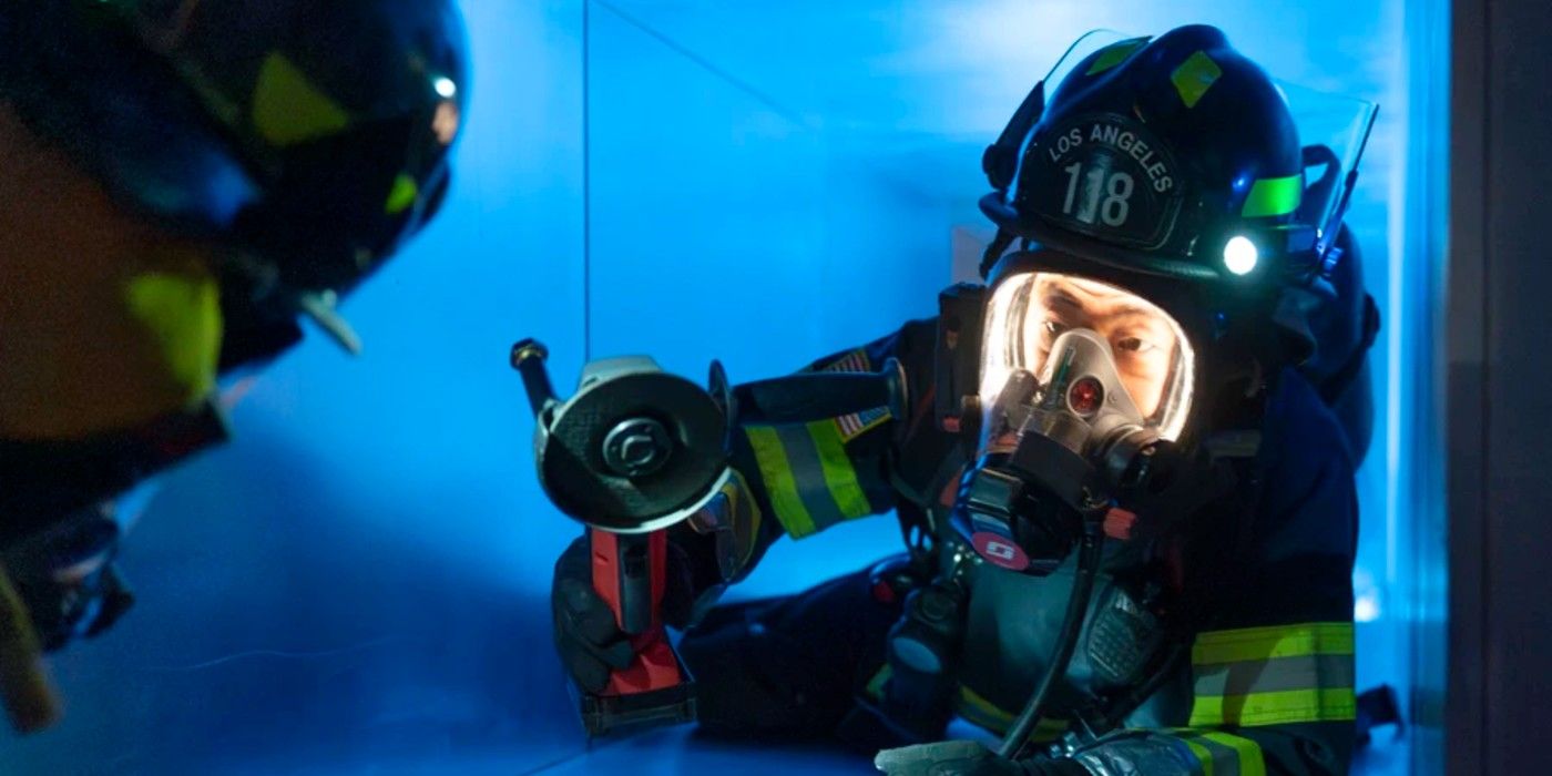 Chimney Han in his gear during a lab fire in 9-1-1 Season 8.