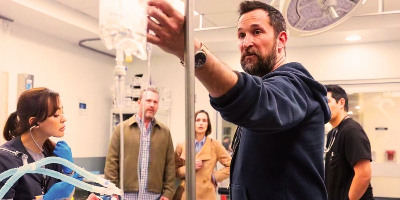 Robby (Noah Wyle) checking Flynn&rsquo;s IV in The Pitt Episode 14.