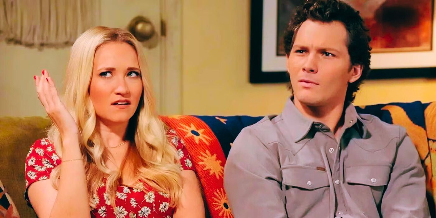 Georgie and Mandy sitting on the couch looking annoyed in Georgie &amp; Mandy&rsquo;s First Marriage.