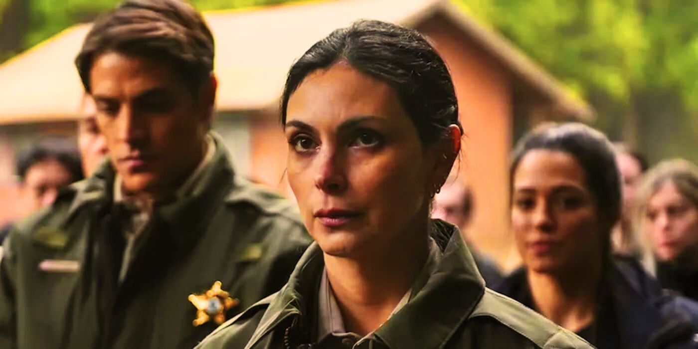 Morena Baccarin looking concerned among other officers in Fire Country Season 2
