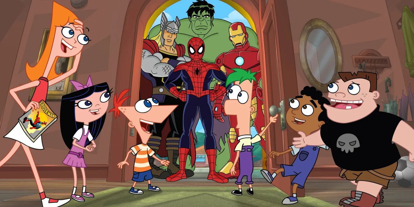 The cast of Phineas and Ferb meet Marvel heroes.