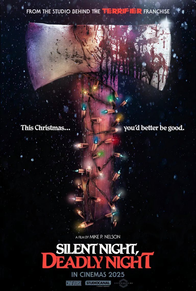 Silent Night Deadly Night 2025 Reboot poster featuring a bloody axe covered in Christmas lights