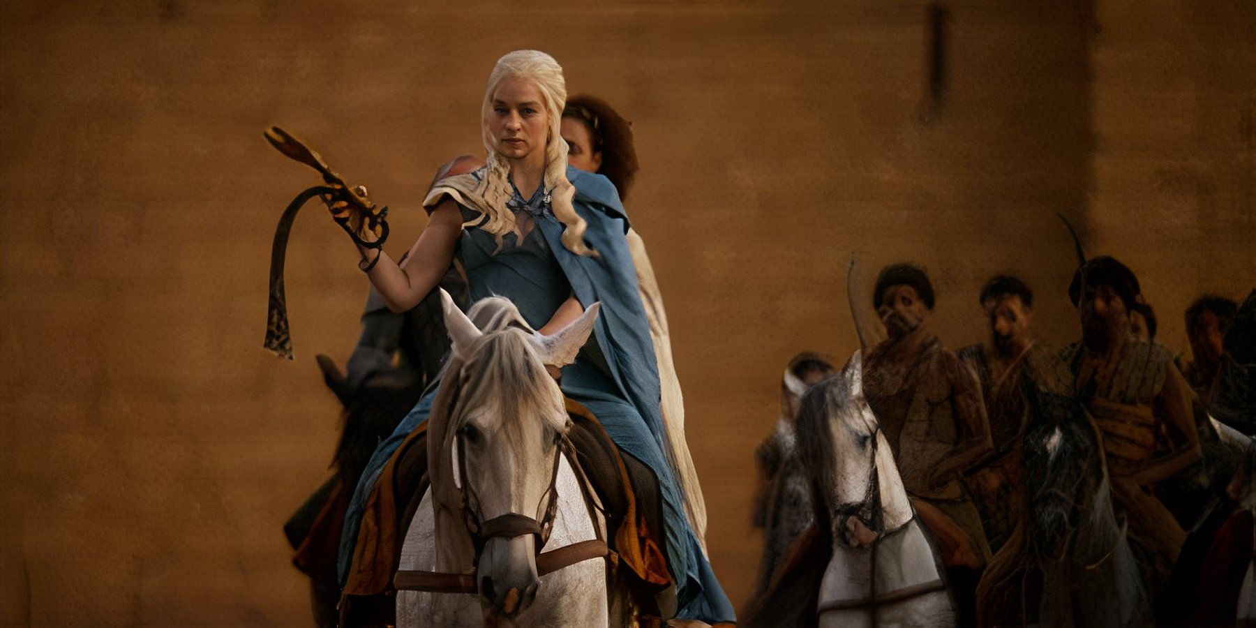 Daenerys Targaryen about to drop the slavers whip in Game of Thrones Season 3, Episode 4.