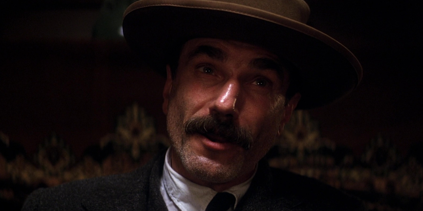 A Close Up of Daniel Day Lewis' Daniel Plainview in There Will Be Blood.