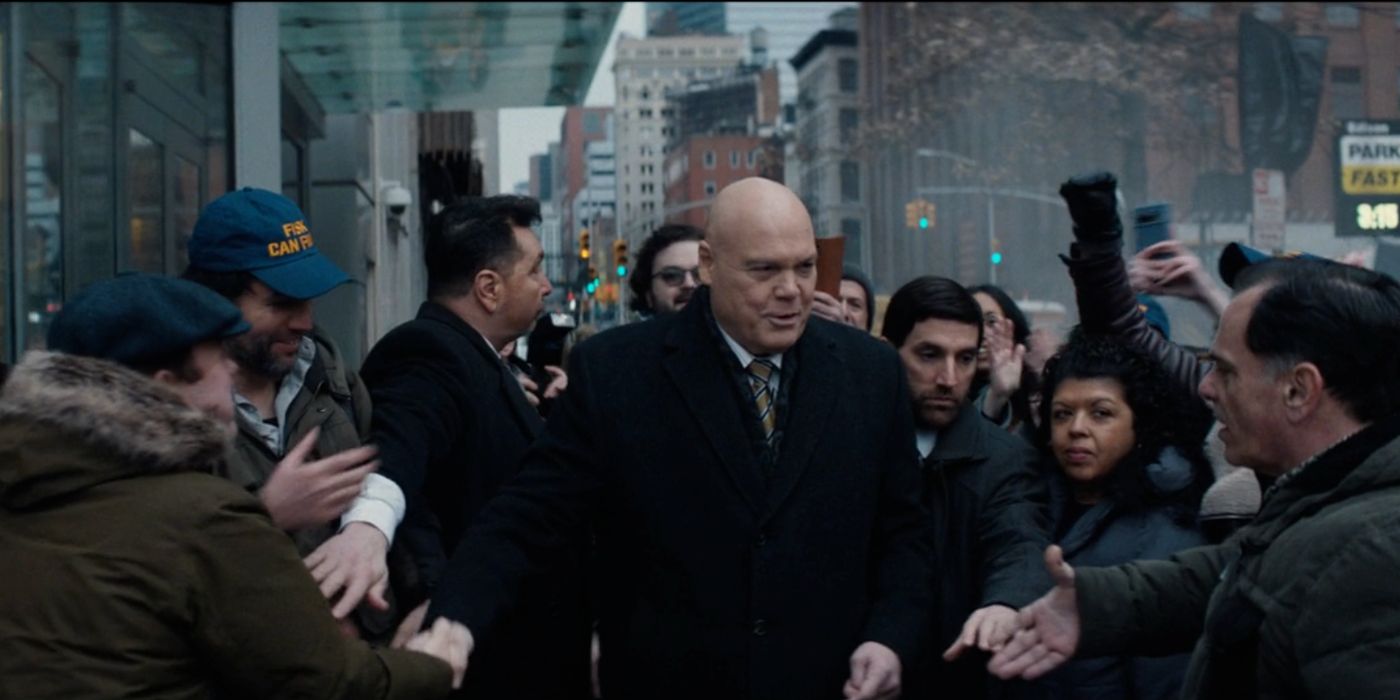 Vincent D&rsquo;Onofrio as Wilson Fisk walks through a crowd in Daredevil: Born Again Season 1, Episode 1.