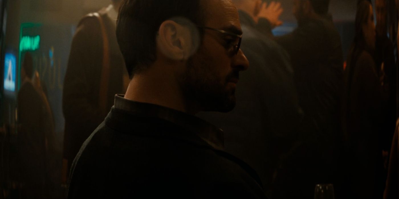 Charlie Cox as Matt Murdock with a light illuminating his right ear in Josie&rsquo;s Pub in Daredevil: Born Again.