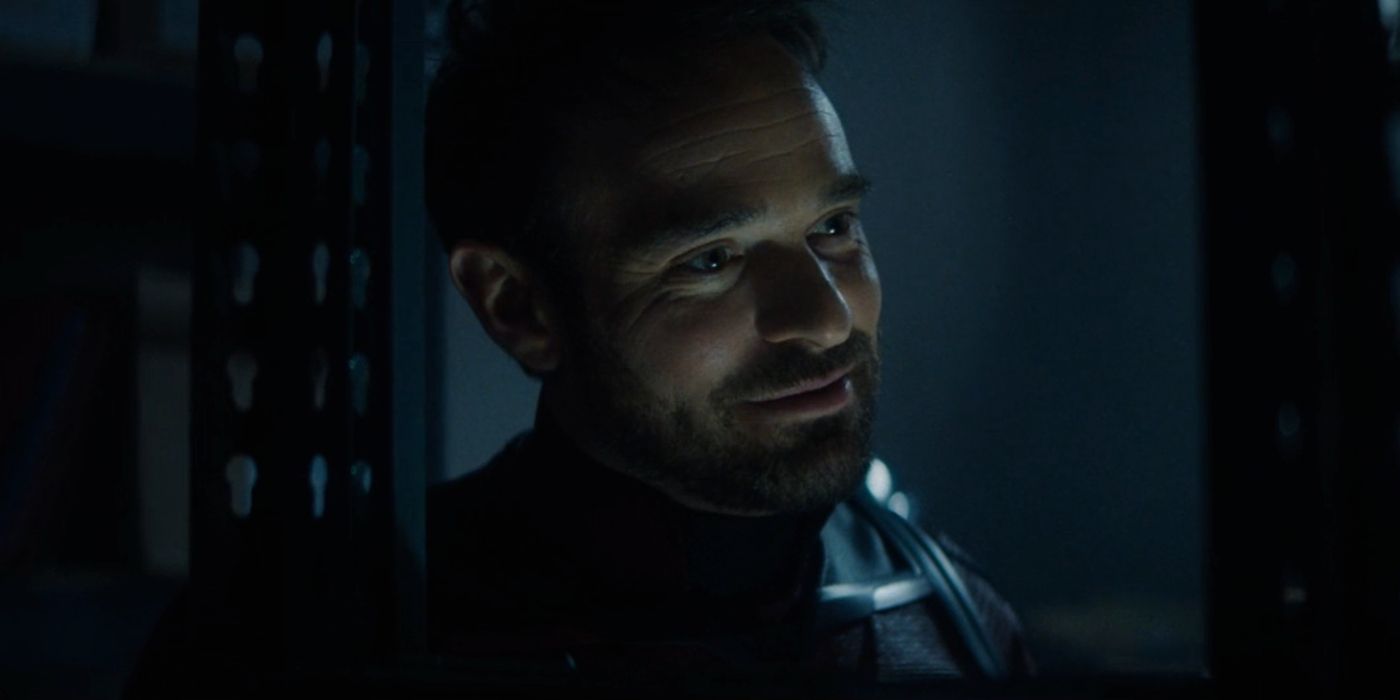 Charlie Cox as Matt Murdock in the Daredevil suit but no mask in a storage locker in Daredevil: Born Again.