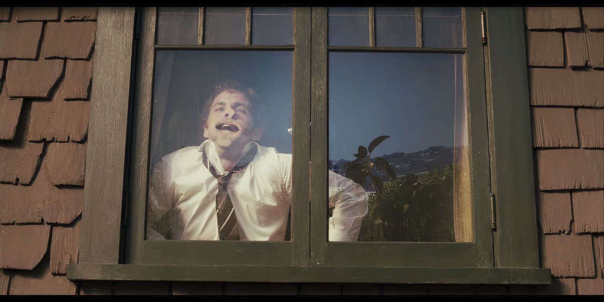 James Marsden as Oscar pressing his face against a window in a humorous way in Death at a Funeral.