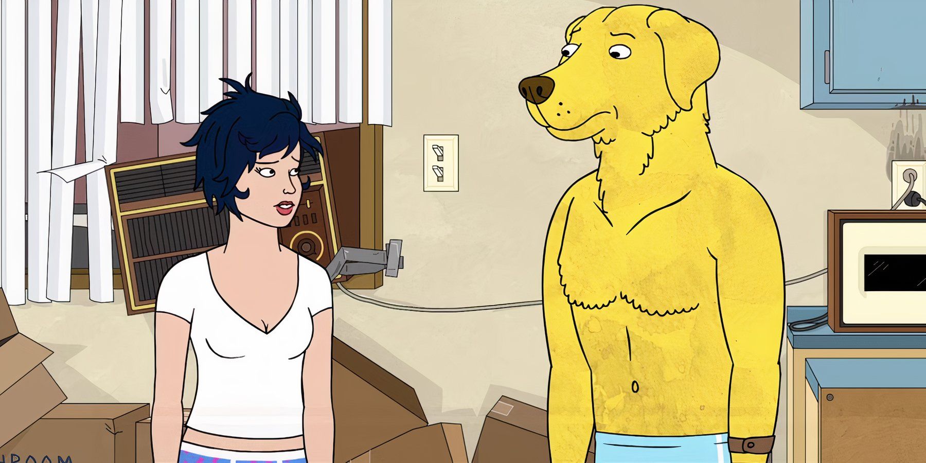 Diane and Mr. Peanutbutter half-dressed and looking at each other in the animated series BoJack Horseman.