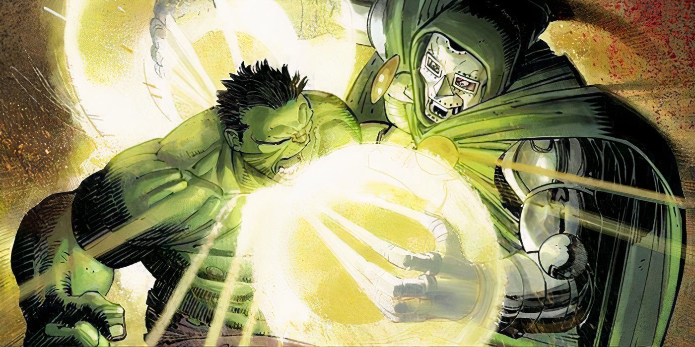 Doom blasting Hulk with magic in Marvel Comics