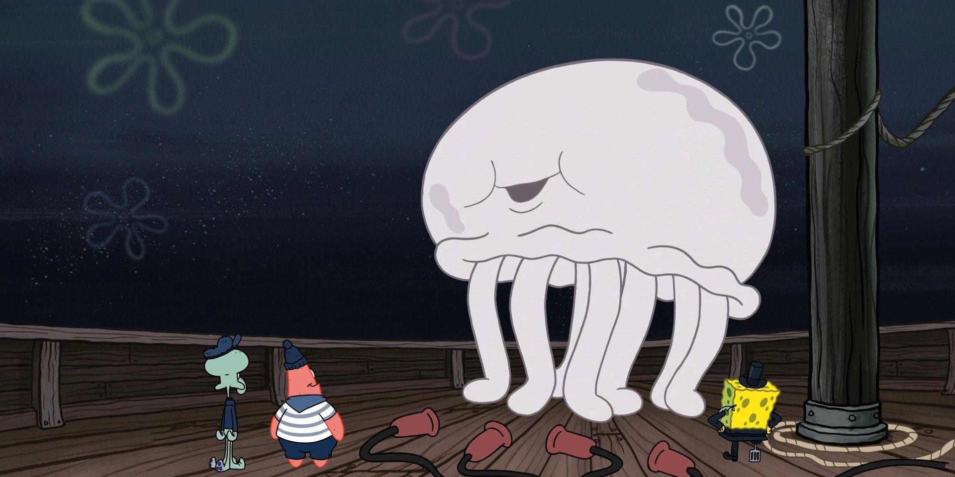 A giant white jellyfish on a boat with Patrick, SpongeBob, and Squidward in SpongeBob SquarePants.