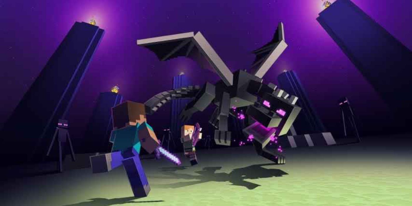 Steve and Alex fighting the ender dragon in Minecraft