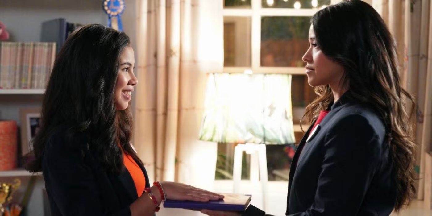 Elena Cañero-Reed (Tess Romero, Gina Rodriguez) face each other over a book in Diary Of A Future President.